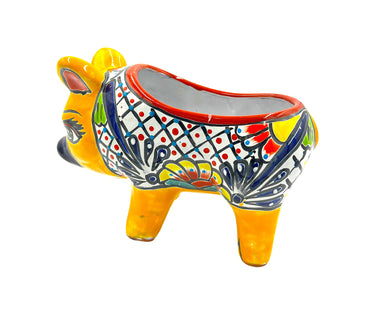 Mexican Talavera Piggy Planter Pot Hand Painted - Yellow Trim
